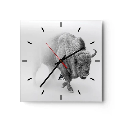 Wanduhr - Glasuhr - Weißer Bison in minimalistischem Ambiente - 30x30cm - König der Prärie - Moderne Wanddekoration für Wohnzimmer und Schlafzimmer ARTTOR