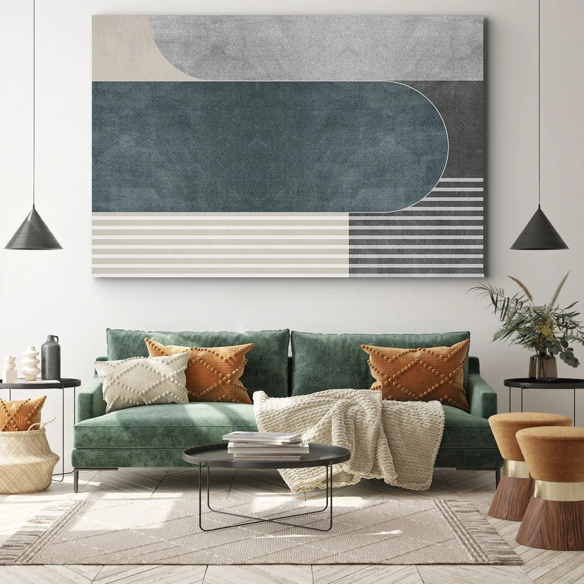 Bild auf Leinwand - Leinwandbild - Geometrische Abstraktion in Grau- und Grüntönen - 100x70cm - Komposition auf der Ebene - Moderne Wanddekoration für Wohnzimmer und Schlafzimmer ARTTOR