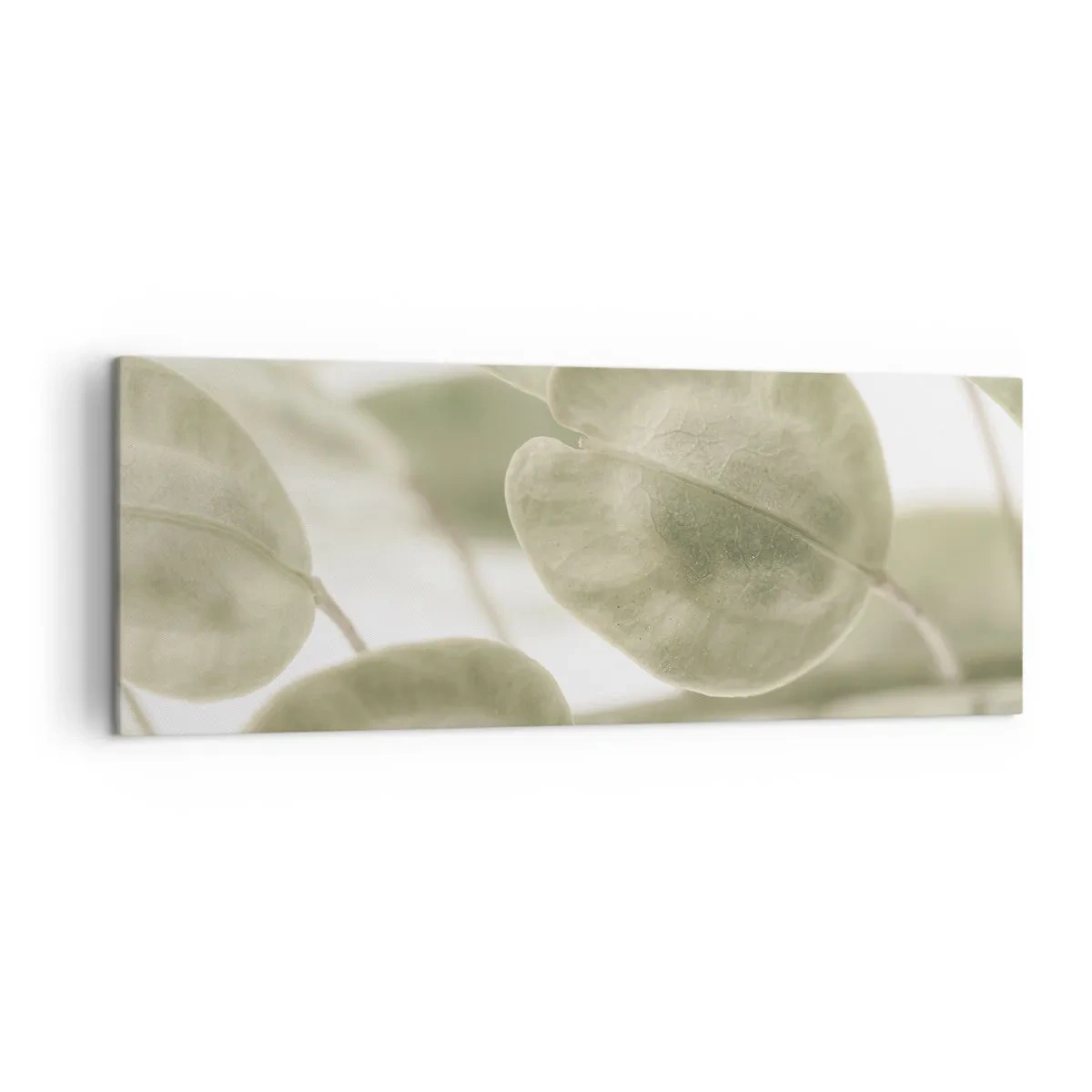Bild auf Leinwand - Leinwandbild - Ein zartes Gemälde von Blättern in pastellfarbenen Grüntönen auf hellem Hintergrund. - 140x50cm - Am Anfang waren Blätter... - Moderne Wanddekoration für Wohnzimmer und Schlafzimmer ARTTOR