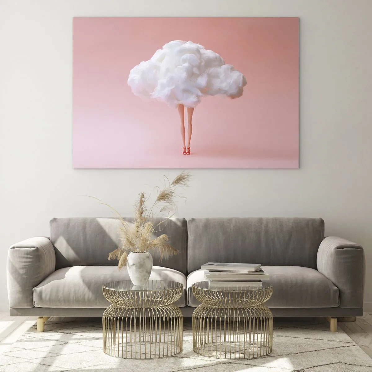 Glasbild - Bild auf glas - Eine Frauenfigur mit einer Wolke anstelle eines Kleides vor einem pastellrosa Hintergrund. - 70x50cm - Süßes Versprechen - Moderne Wanddekoration für Wohnzimmer und Schlafzimmer ARTTOR