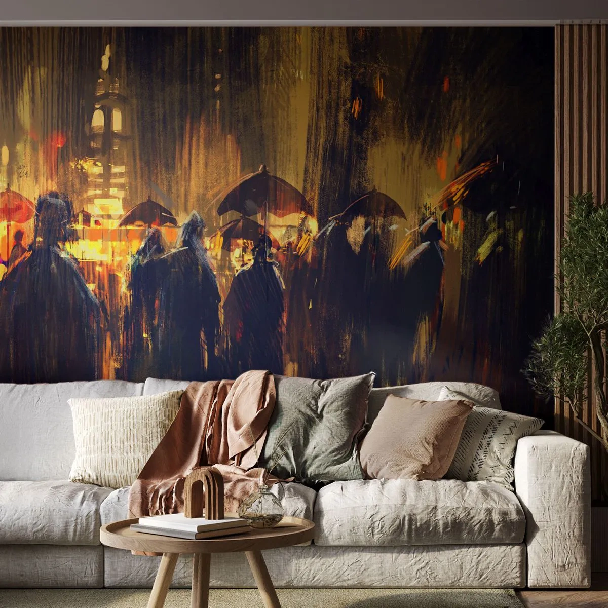Selbstklebende Fototapete Deluxe Sticker - Anhänger des Regens - Stadt, Menschen, Regenschirm - 350x256 cm