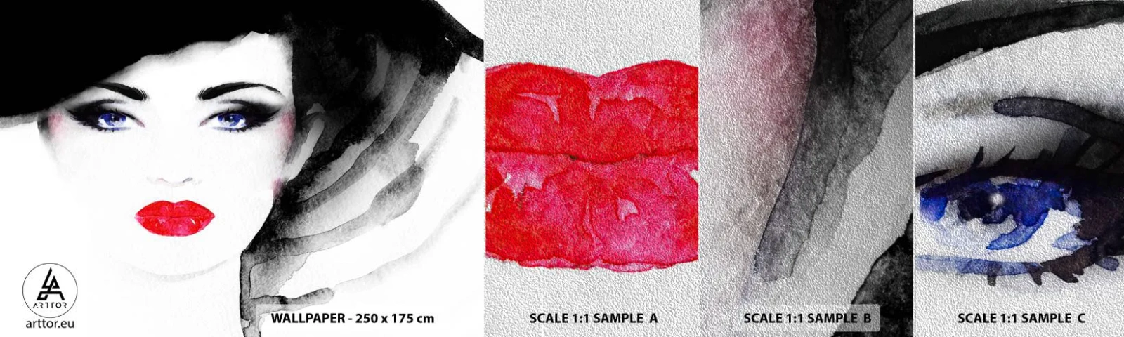 Fototapeten Muster Premium Sand - Er drückt zurück und ruft an - Das Gesicht einer Frau, rote Lippen, Blaue Augen - 100x30 cm