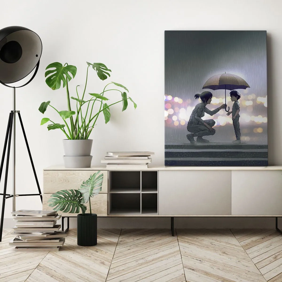 Bild auf Leinwand - Leinwandbild - Eine Figur mit einem Regenschirm schützt ein Kind vor dem Hintergrund nächtlicher Lichter. - 70x100cm - Und jetzt ist alles in Ordnung - Moderne Wanddekoration für Wohnzimmer und Schlafzimmer ARTTOR