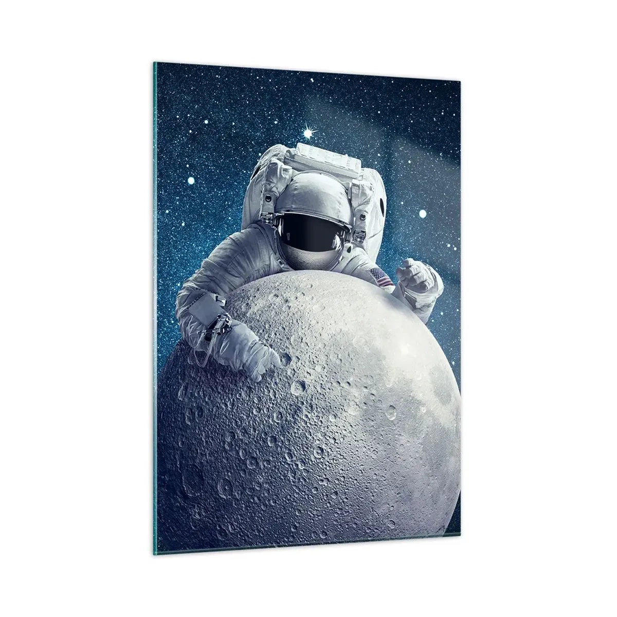 Glasbild - Bild auf glas - Astronaut umarmt den Mond vor einem Sternenhimmel - 50x70cm - Weltraumjoker - Moderne Wanddekoration für Wohnzimmer und Schlafzimmer ARTTOR