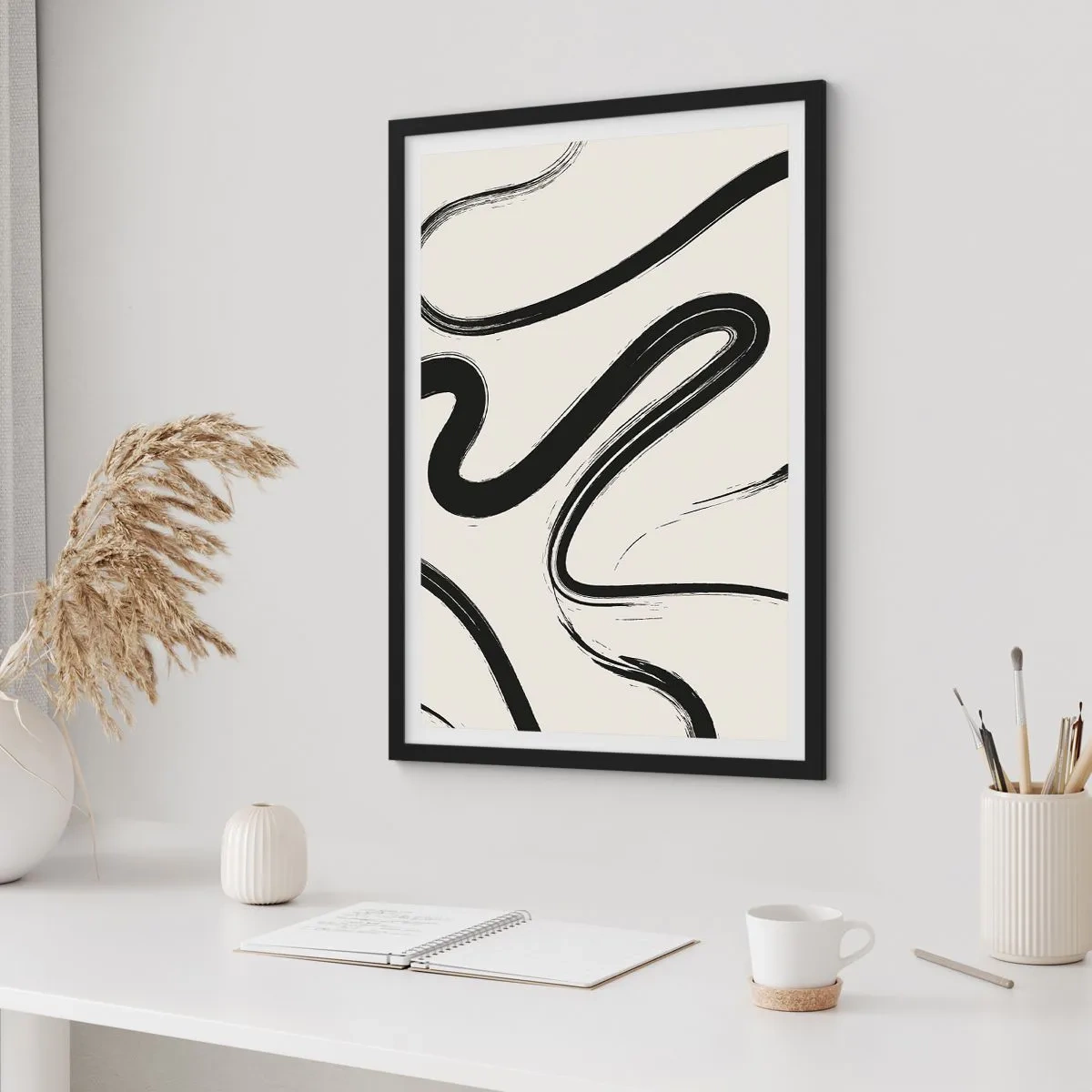 Poster in einem schwarzem Rahmen - Abstrakte schwarze Linien auf hellem Hintergrund - 50x70cm - Schwarz-Weiß-Laune - Moderne Wanddekoration für Wohnzimmer und Schlafzimmer ARTTOR