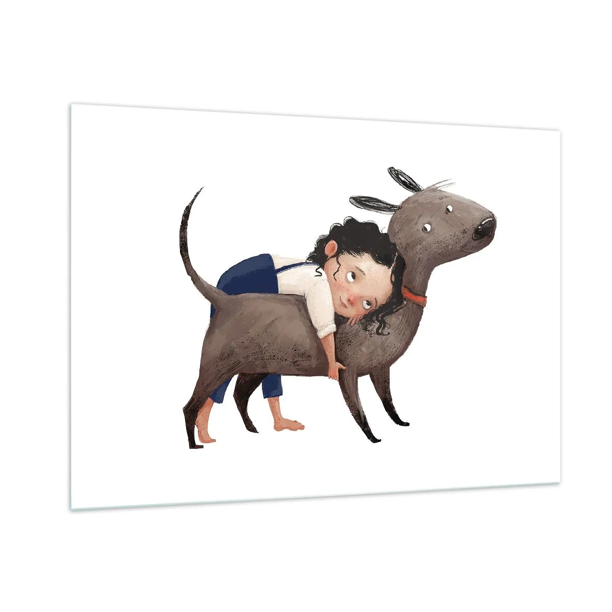 Glasbild - Bild auf glas - Ein Mädchen umarmt einen großen Hund auf weißem Hintergrund - 100x70cm - Beste Freunde - Moderne Wanddekoration für Wohnzimmer und Schlafzimmer ARTTOR