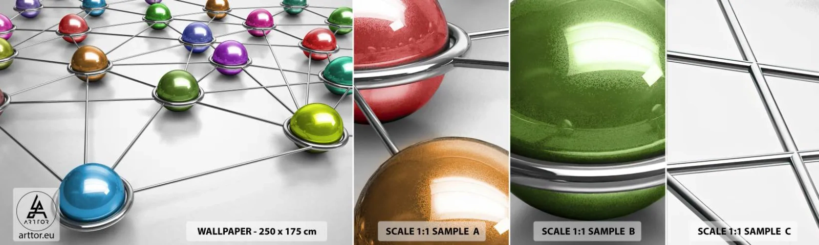 Fototapetenmuster Standard Eco - Kosmisches Spinnennetz - Abstraktion, Metallkugeln, 3D - 100x30 cm