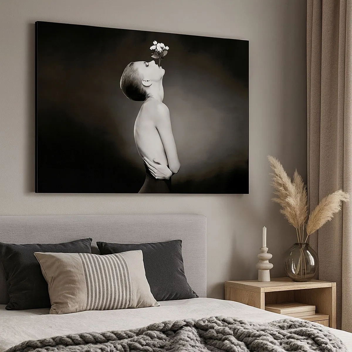 Bild auf Leinwand - Leinwandbild - Schwarz-weiße Silhouette einer Frau mit einer Blume - 70x50cm - Exzentrische Eleganz - Moderne Wanddekoration für Wohnzimmer und Schlafzimmer ARTTOR