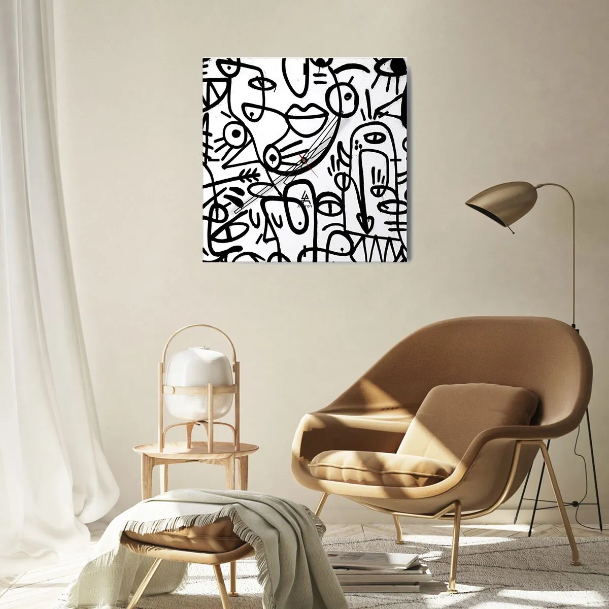 Wanduhr - Glasuhr - Schwarz-weiße abstrakte Zeichnungen mit Gesichtsmotiven - 30x30cm - Gesichter und Luftspiegelungen - Moderne Wanddekoration für Wohnzimmer und Schlafzimmer ARTTOR