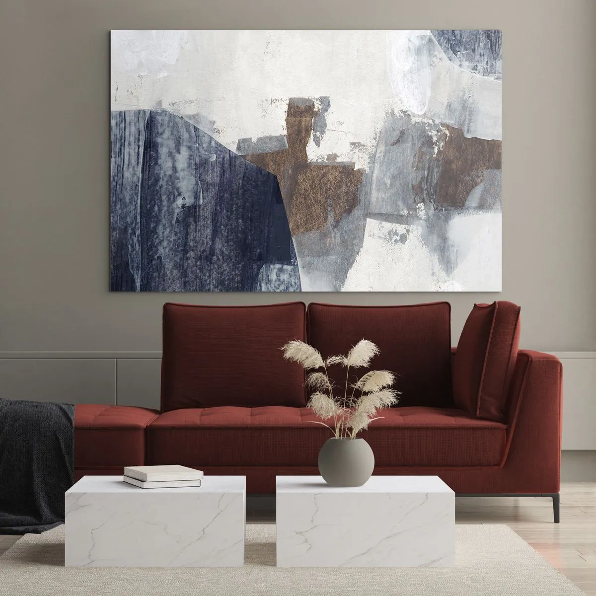 Glasbild - Bild auf glas - Geometrische Formen in Blau, Braun und Weiß - 100x70cm - Blaue und braune Formen - Moderne Wanddekoration für Wohnzimmer und Schlafzimmer ARTTOR