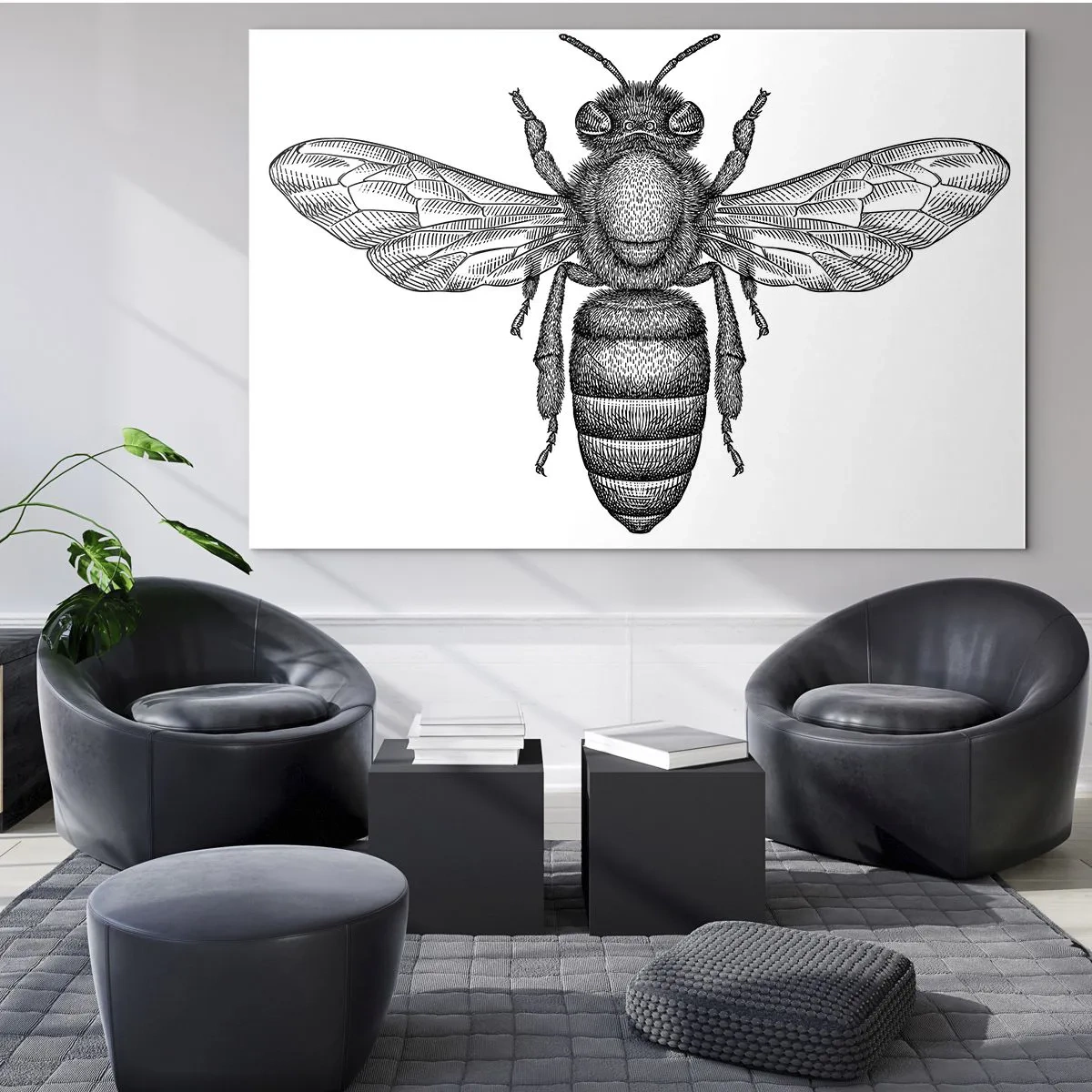 Glasbild - Bild auf glas - Detaillierte Darstellung einer Retro-Biene auf weißem Hintergrund - 70x50cm - Insektenporträt - Moderne Wanddekoration für Wohnzimmer und Schlafzimmer ARTTOR