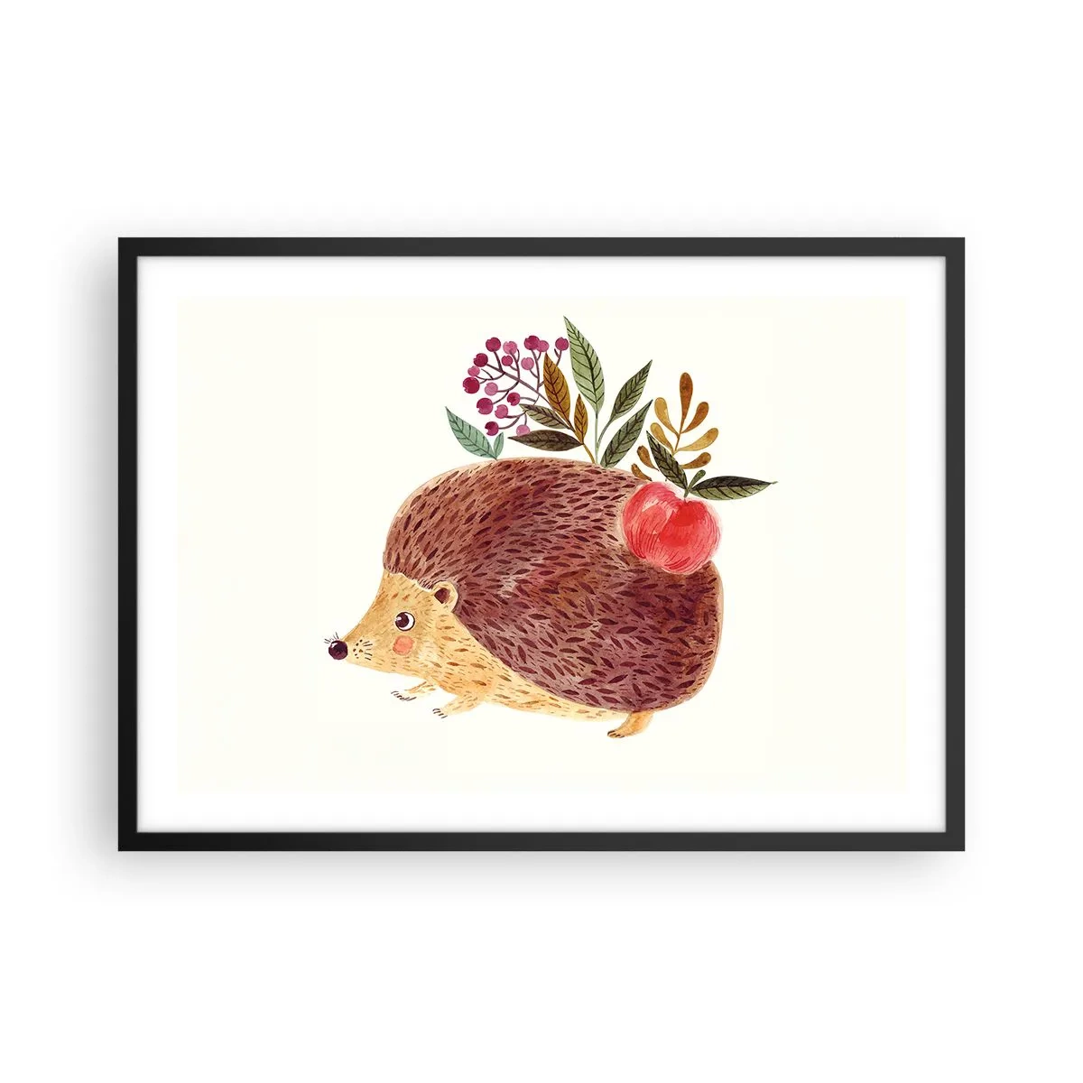 Poster in einem schwarzem Rahmen - Ein süßer Igel mit einem Apfel und Pflanzen im illustrativen Stil - 70x50cm - Und dann magst du mich schon - Moderne Wanddekoration für Wohnzimmer und Schlafzimmer ARTTOR