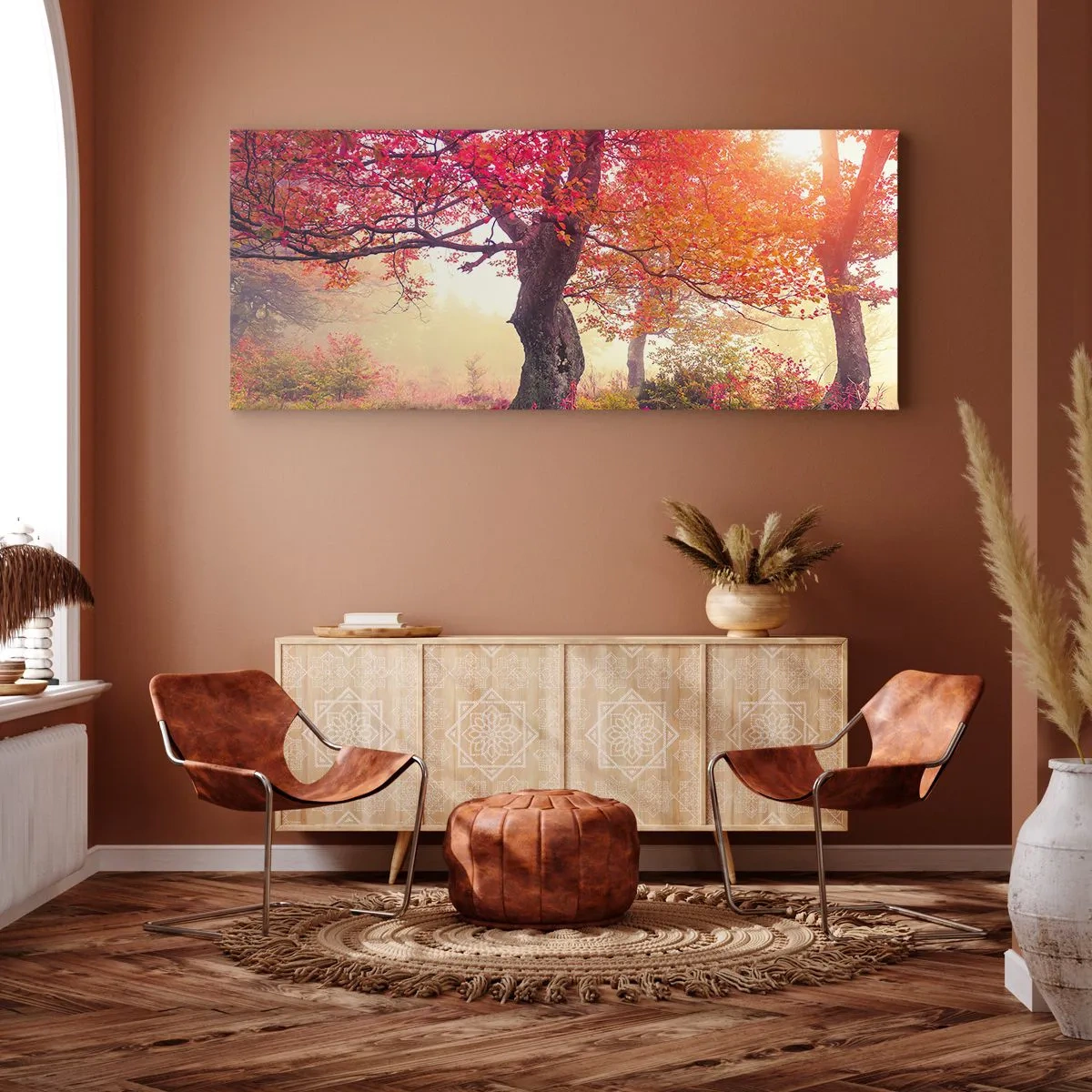 Bild auf Leinwand - Leinwandbild - Herbstlandschaft mit Bäumen in intensiven Farben - 140x50cm - Blühende Raserei - Moderne Wanddekoration für Wohnzimmer und Schlafzimmer ARTTOR