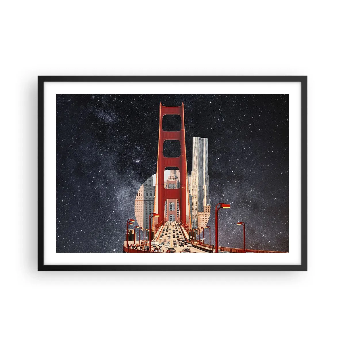 Poster in einem schwarzem Rahmen - Die Golden Gate Bridge mit der Stadt im Hintergrund vor einem Sternenhimmel - 70x50cm - Immer im Mittelpunkt - Moderne Wanddekoration für Wohnzimmer und Schlafzimmer ARTTOR