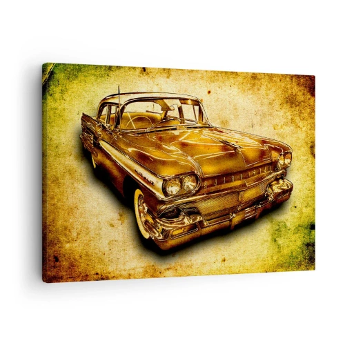 Bild auf Leinwand - Leinwandbild - Ein goldenes klassisches Retro-Auto auf einem Vintage-Hintergrund mit gealtertem Effekt. - 70x50cm - Die unvergängliche Schönheit der Klassiker - Moderne Wanddekoration für Wohnzimmer und Schlafzimmer ARTTOR
