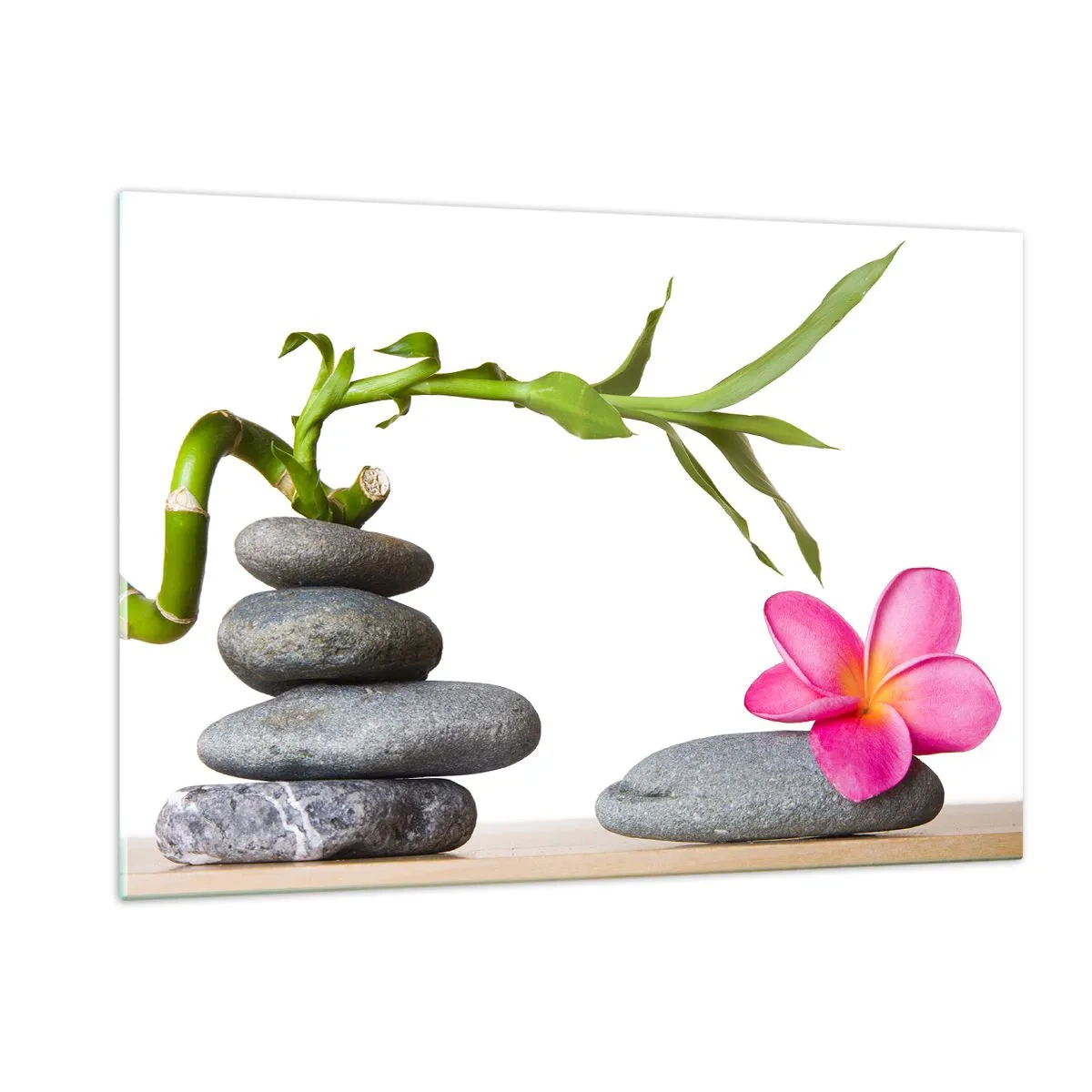Glasbild - Bild auf glas - Bambus, rosa Blume und Steine auf weißem Hintergrund - 120x80cm - Farben des Lebens und der Dauer - Moderne Wanddekoration für Wohnzimmer und Schlafzimmer ARTTOR