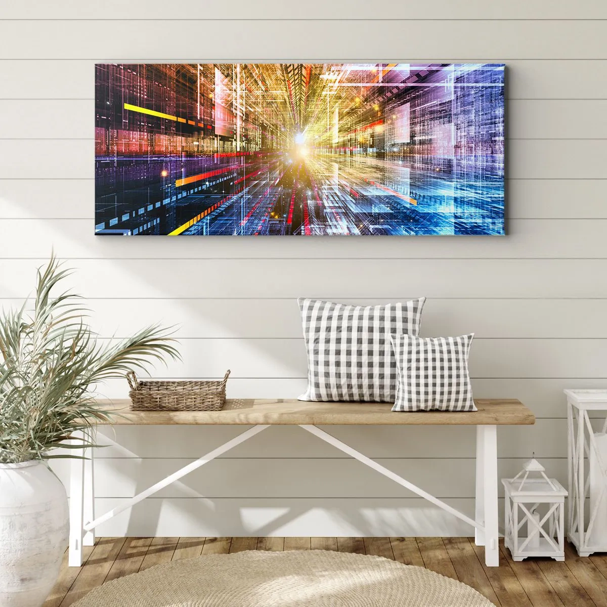 Bild auf Leinwand - Leinwandbild - Dynamische Lichter in einem futuristischen Korridor - 140x50cm - Leuchtender Korridor - Moderne Wanddekoration für Wohnzimmer und Schlafzimmer ARTTOR