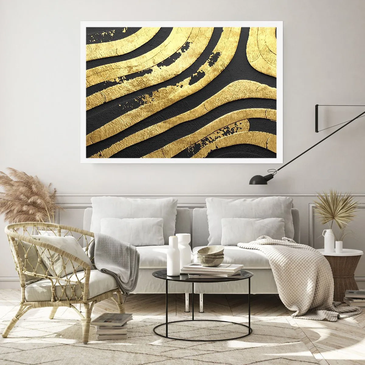 Poster - Goldene abstrakte Wellen auf schwarzem Hintergrund - 100x70cm - Alles fließt - Moderne Wanddekoration für Wohnzimmer und Schlafzimmer ARTTOR