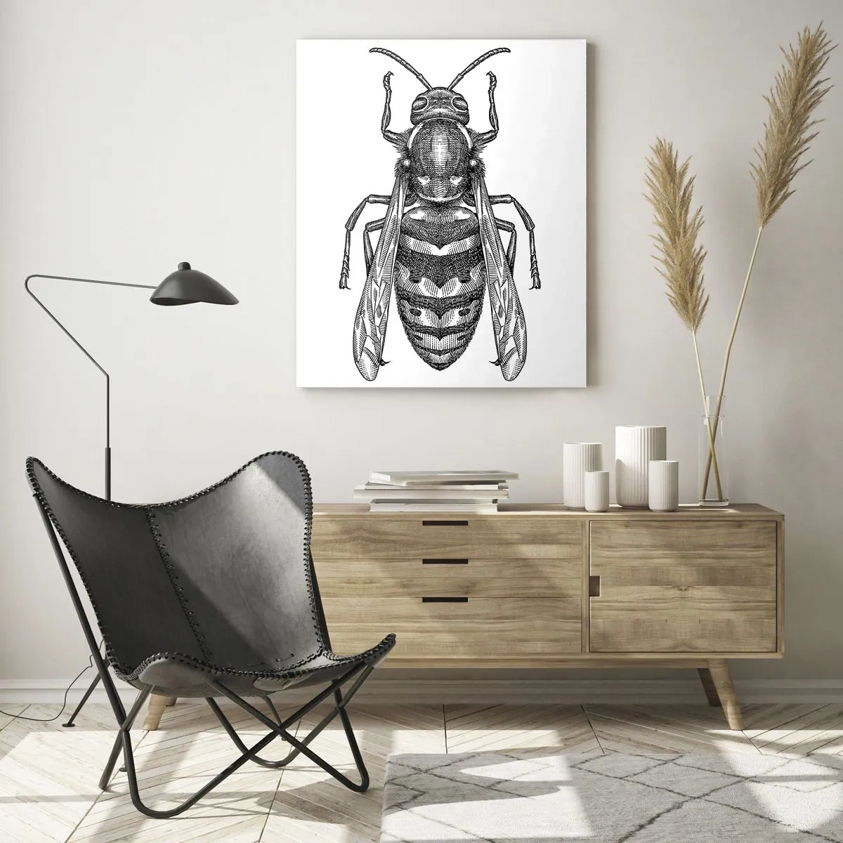 Glasbild - Bild auf glas - Schwarz-weiße Retro-Illustration einer Wespe auf weißem Hintergrund - 50x70cm - Von einem Insektenplaneten - Moderne Wanddekoration für Wohnzimmer und Schlafzimmer ARTTOR