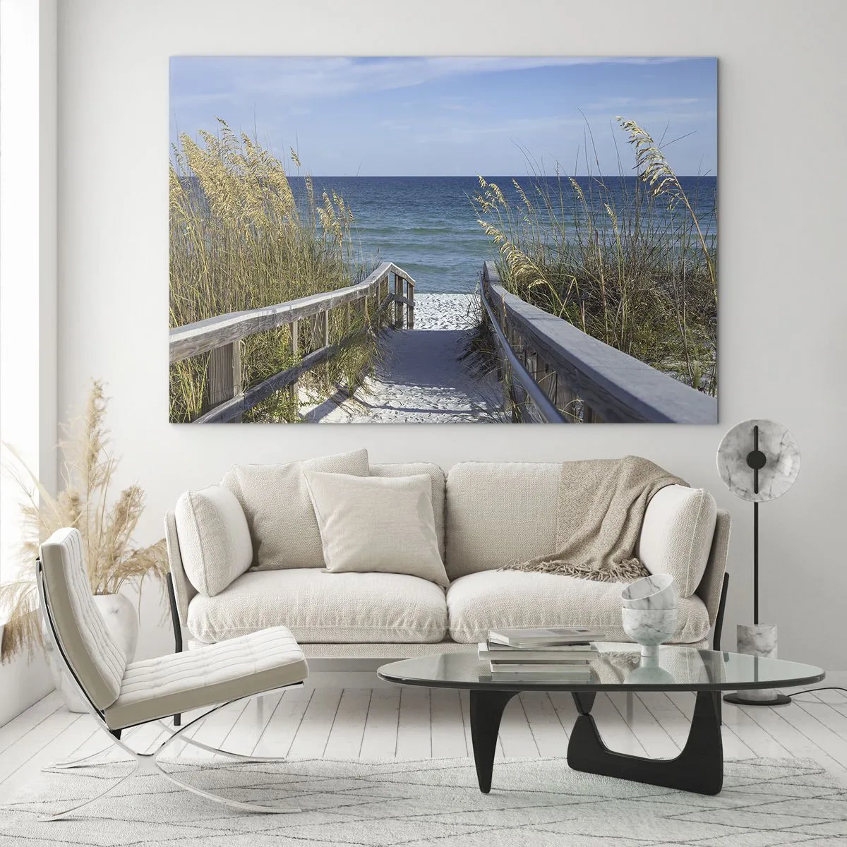 Glasbild - Bild auf glas - Weg zum Strand mit Meerblick - 100x70cm - In der Sonne, im Wind - Moderne Wanddekoration für Wohnzimmer und Schlafzimmer ARTTOR