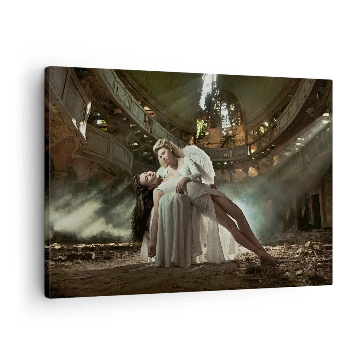 Bild auf Leinwand - Leinwandbild - Zwei Figuren in Ruinen mit Lichtspiel - 70x50cm - Der Geist des alten Theaters - Moderne Wanddekoration für Wohnzimmer und Schlafzimmer ARTTOR