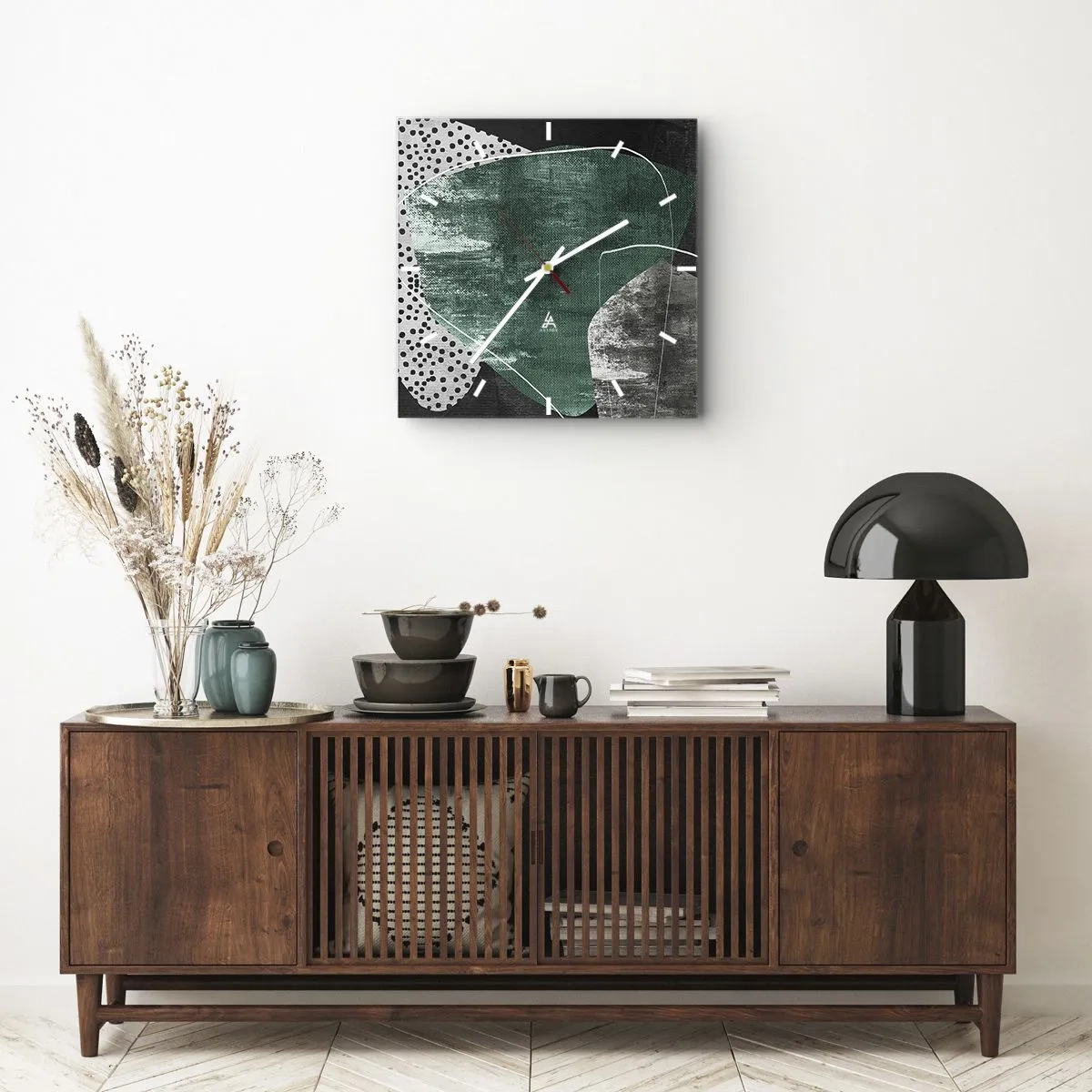 Wanduhr - Glasuhr - Abstrakte Komposition mit grünen Formen und Punktmustern - 30x30cm - Bunte Abstraktion mit Blattgold - Moderne Wanddekoration für Wohnzimmer und Schlafzimmer ARTTOR