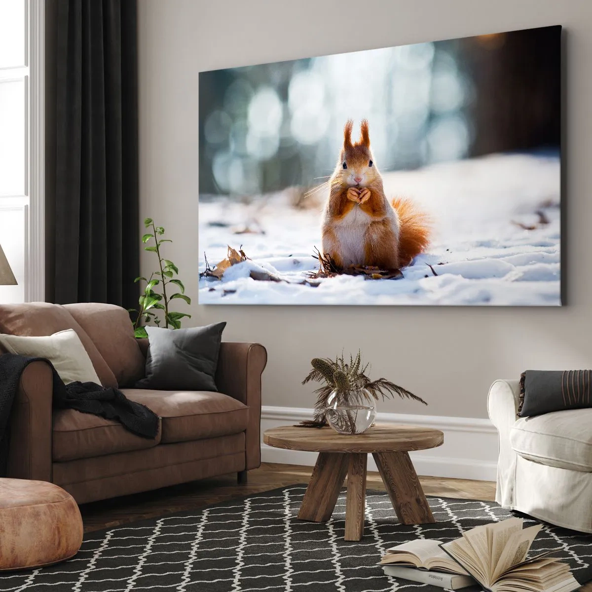 Bild auf Leinwand - Leinwandbild - Ein Eichhörnchen in einer Winterlandschaft - 70x50cm - Wo schaust du hin? - Moderne Wanddekoration für Wohnzimmer und Schlafzimmer ARTTOR
