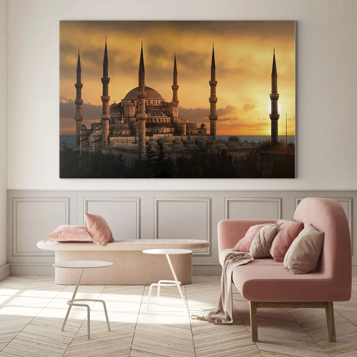 Glasbild - Bild auf glas - Die Blaue Moschee vor der Kulisse des Sonnenuntergangs - 120x80cm - Gott ist großartig - Moderne Wanddekoration für Wohnzimmer und Schlafzimmer ARTTOR