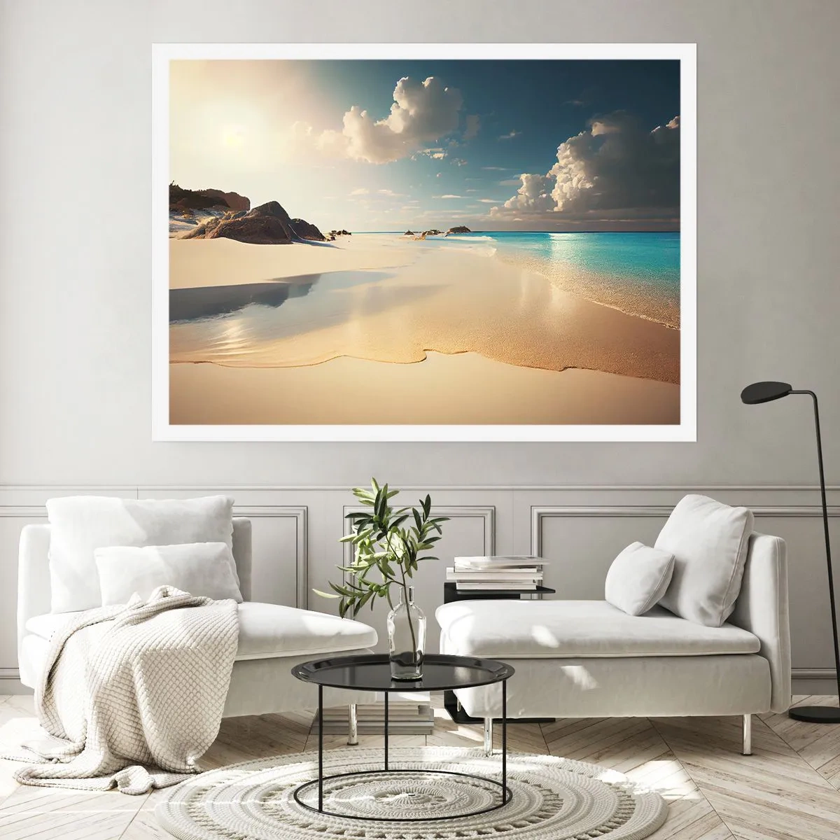 Poster - Ein sonniger Strand mit blauem Meer und Felsen - 100x70cm - Erträumter Tag - Moderne Wanddekoration für Wohnzimmer und Schlafzimmer ARTTOR