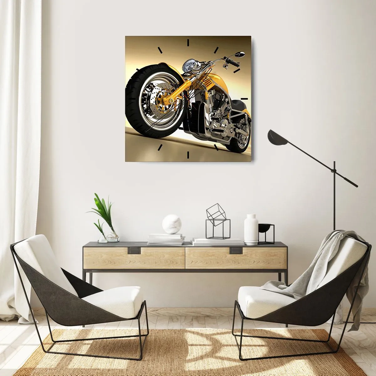 Wanduhr - Glasuhr - Ein gelbes Motorrad im Chopper-Stil vor einer beigen Wand - 30x30cm - Ein Traum von Kraft und Geschwindigkeit - Moderne Wanddekoration für Wohnzimmer und Schlafzimmer ARTTOR