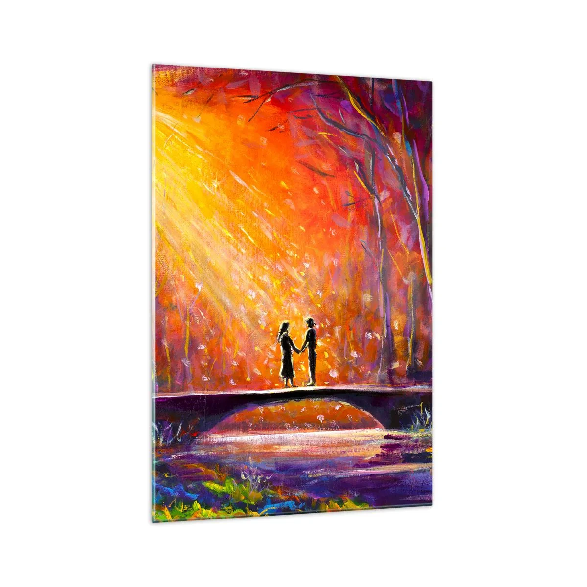 Glasbild - Bild auf glas - Romantisches Paar auf einer Brücke im herbstlichen Wald - 70x100cm - Der Himmel liebt sie auch - Moderne Wanddekoration für Wohnzimmer und Schlafzimmer ARTTOR