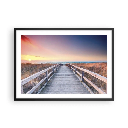 Poster in einem schwarzem Rahmen - Ein Holzsteg führt bei Sonnenuntergang zum Strand, der Himmel ist in Pastellfarben gemalt. - 70x50cm - Baltische Abend-Aurora - Moderne Wanddekoration für Wohnzimmer und Schlafzimmer ARTTOR