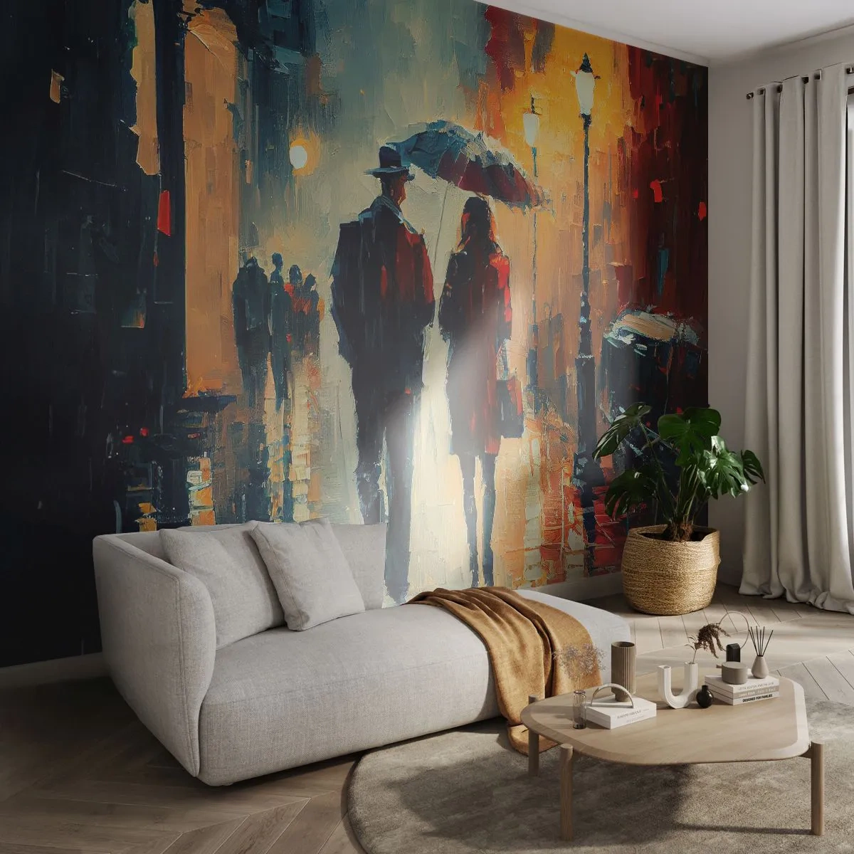Fototapete Premium Sand - Ein Paar mit Regenschirm auf einer bunten, verregneten Straße - 100x70cm - Urbane Liebesgeschichte - Moderne Wanddekoration für Wohnzimmer und Schlafzimmer ARTTOR