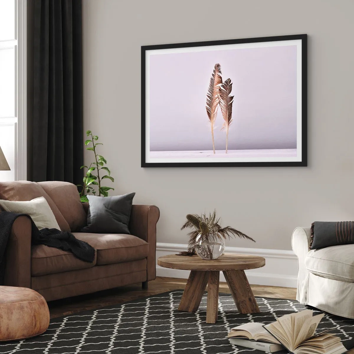 Poster in einem schwarzem Rahmen - Zarte Federn auf hellem Untergrund im minimalistischen Stil - 70x50cm - Gegen das Nichts - Moderne Wanddekoration für Wohnzimmer und Schlafzimmer ARTTOR