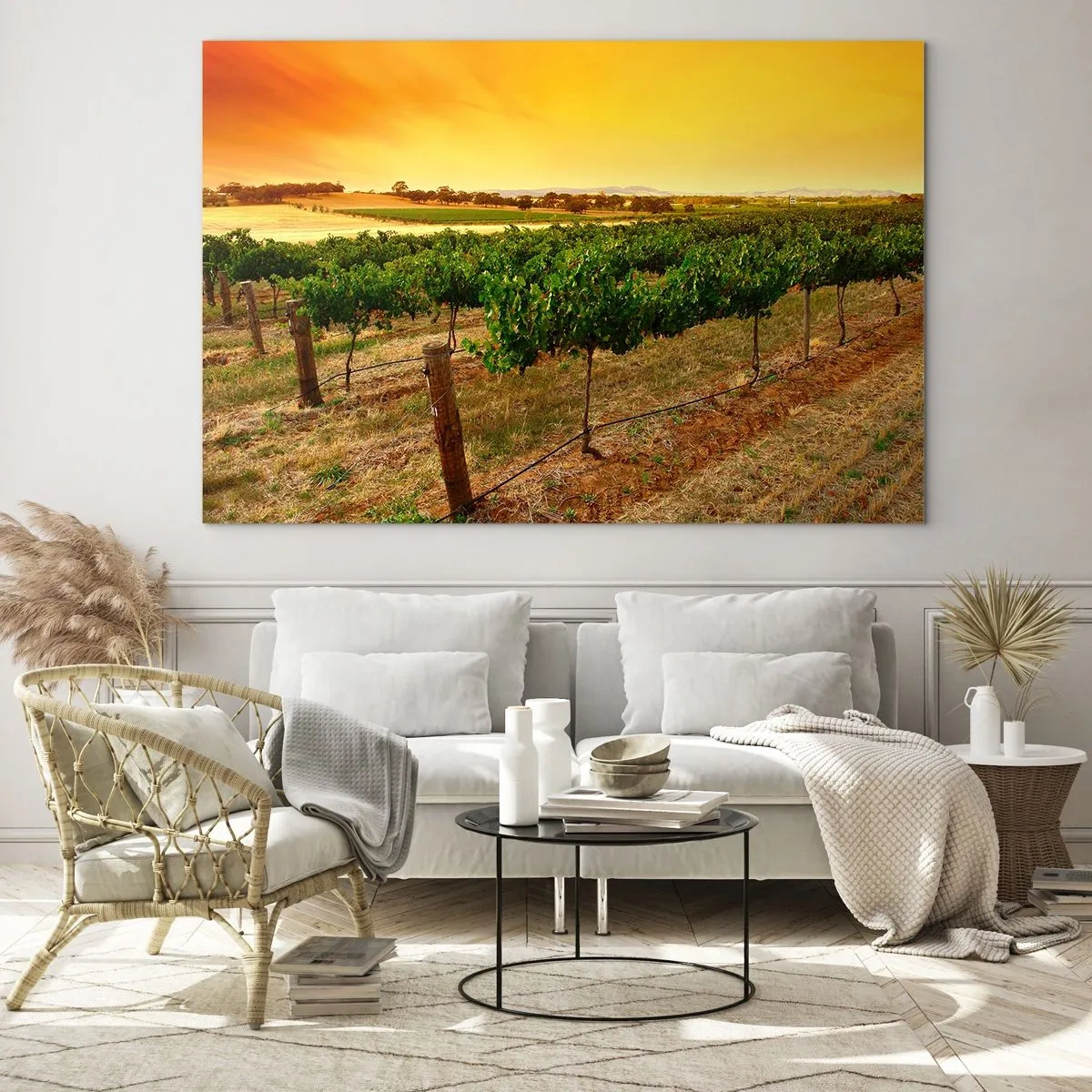 Glasbild - Bild auf glas - Weinreben im warmen Licht der untergehenden Sonne - 120x80cm - Holen Sie sich einen Drink von der Sonne - Moderne Wanddekoration für Wohnzimmer und Schlafzimmer ARTTOR
