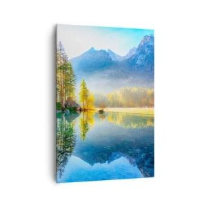 Bild auf Leinwand - Leinwandbild - Ein See, umgeben von Bergen und Wäldern in den Strahlen der Sonne - 70x100cm - Majestät und Süße - Moderne Wanddekoration für Wohnzimmer und Schlafzimmer ARTTOR