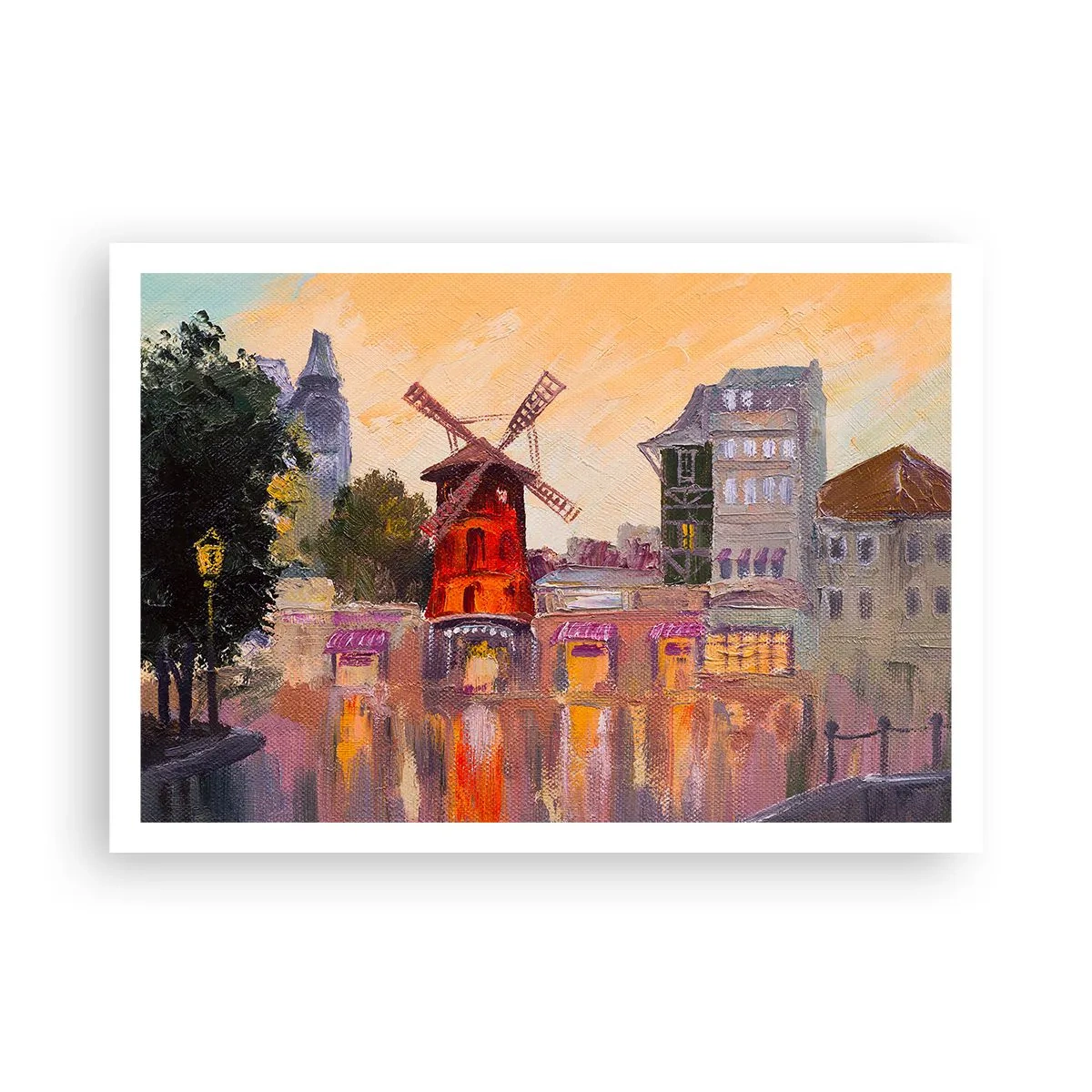 Poster - Die rote Windmühle des Moulin Rouge, umgeben von der Stadtlandschaft - 100x70cm - Pariser Ikonen – Moulin Rouge - Moderne Wanddekoration für Wohnzimmer und Schlafzimmer ARTTOR