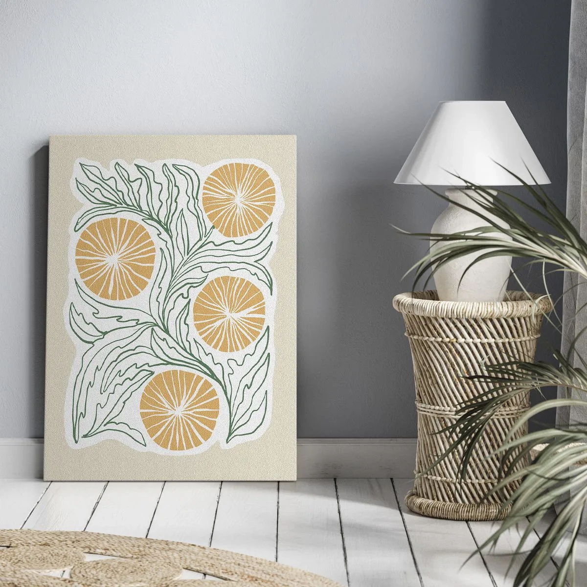 Bild auf Leinwand - Leinwandbild - Ein minimalistisches orangefarbenes Motiv mit grünen Blättern - 80x120cm - Ethnisch mit einem Hauch von Abstraktion - Moderne Wanddekoration für Wohnzimmer und Schlafzimmer ARTTOR