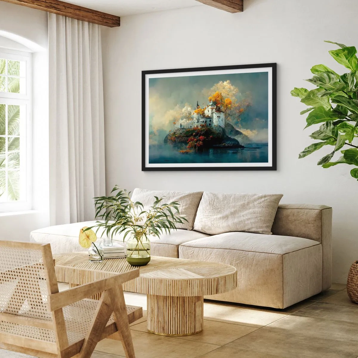 Poster in einem schwarzem Rahmen - Ein Schloss auf einem Hügel, umgeben von herbstlichen Bäumen - 100x70cm - Beginn einer romantischen Geschichte - Moderne Wanddekoration für Wohnzimmer und Schlafzimmer ARTTOR