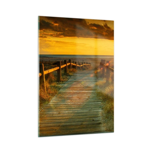 Glasbild - Bild auf glas - Ein Holzweg, der in Richtung der untergehenden Sonne führt - 50x70cm - In altem Gold gebadet - Moderne Wanddekoration für Wohnzimmer und Schlafzimmer ARTTOR