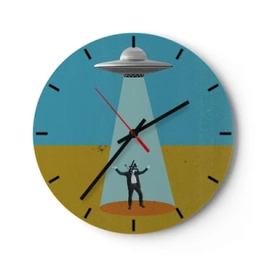 Wanduhr - Glasuhr - Ein Mann, der von einem UFO-Strahl vor einem Wüstenhintergrund beleuchtet wird. - 30x30cm - Nahe Begegnung - Moderne Wanddekoration für Wohnzimmer, Küche und Schlafzimmer ARTTOR