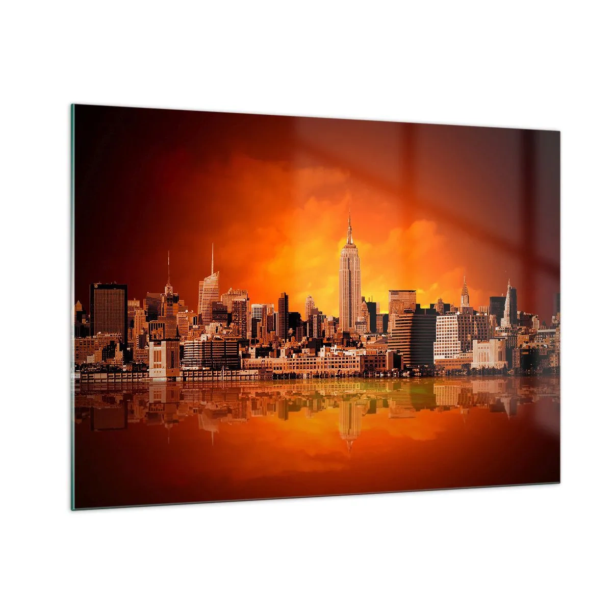 Glasbild - Bild auf glas - Panorama der Stadt bei Sonnenuntergang - 100x70cm - Das Großstadtpanorama in Gelb und Bronze - Moderne Wanddekoration für Wohnzimmer und Schlafzimmer ARTTOR
