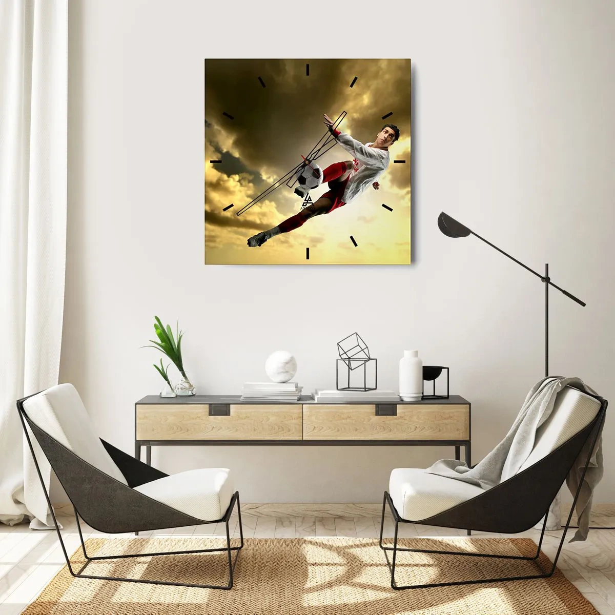 Wanduhr - Glasuhr - Ein Fußballspieler in einem dynamischen Sprung kickt den Ball in den Himmel - 30x30cm - Fußballhimmel - Moderne Wanddekoration für Wohnzimmer und Schlafzimmer ARTTOR