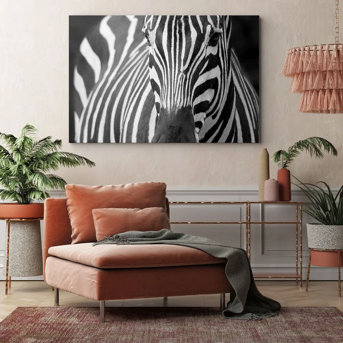 Bild auf Leinwand - Leinwandbild - Eine Schwarz-Weiß-Nahaufnahme eines Zebras mit seinen charakteristischen Streifen. - 70x50cm - Die Welt ist schwarz und weiß - Moderne Wanddekoration für Wohnzimmer und Schlafzimmer ARTTOR