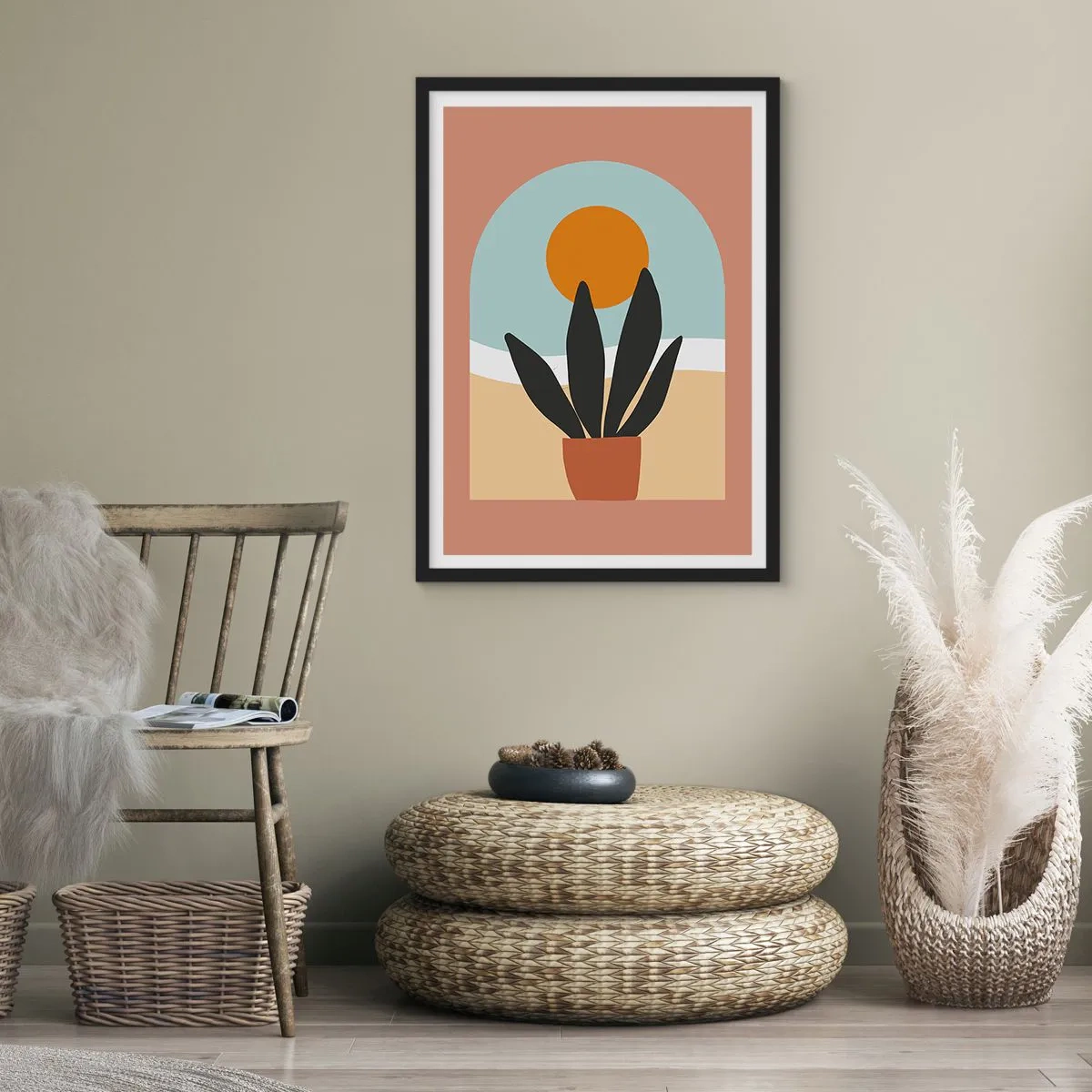 Poster in einem schwarzem Rahmen - Eine Topfpflanze vor einem Bogen mit einem Sonnenuntergang im Hintergrund - 50x70cm - Kleine Freuden - Moderne Wanddekoration für Wohnzimmer und Schlafzimmer ARTTOR