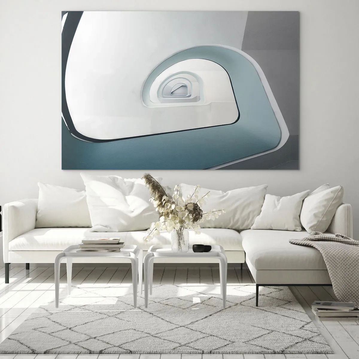 Glasbild - Bild auf glas - Eine moderne Treppe in abstrakter Perspektive - 100x70cm - Bis zum Ende des Blaus - Moderne Wanddekoration für Wohnzimmer und Schlafzimmer ARTTOR