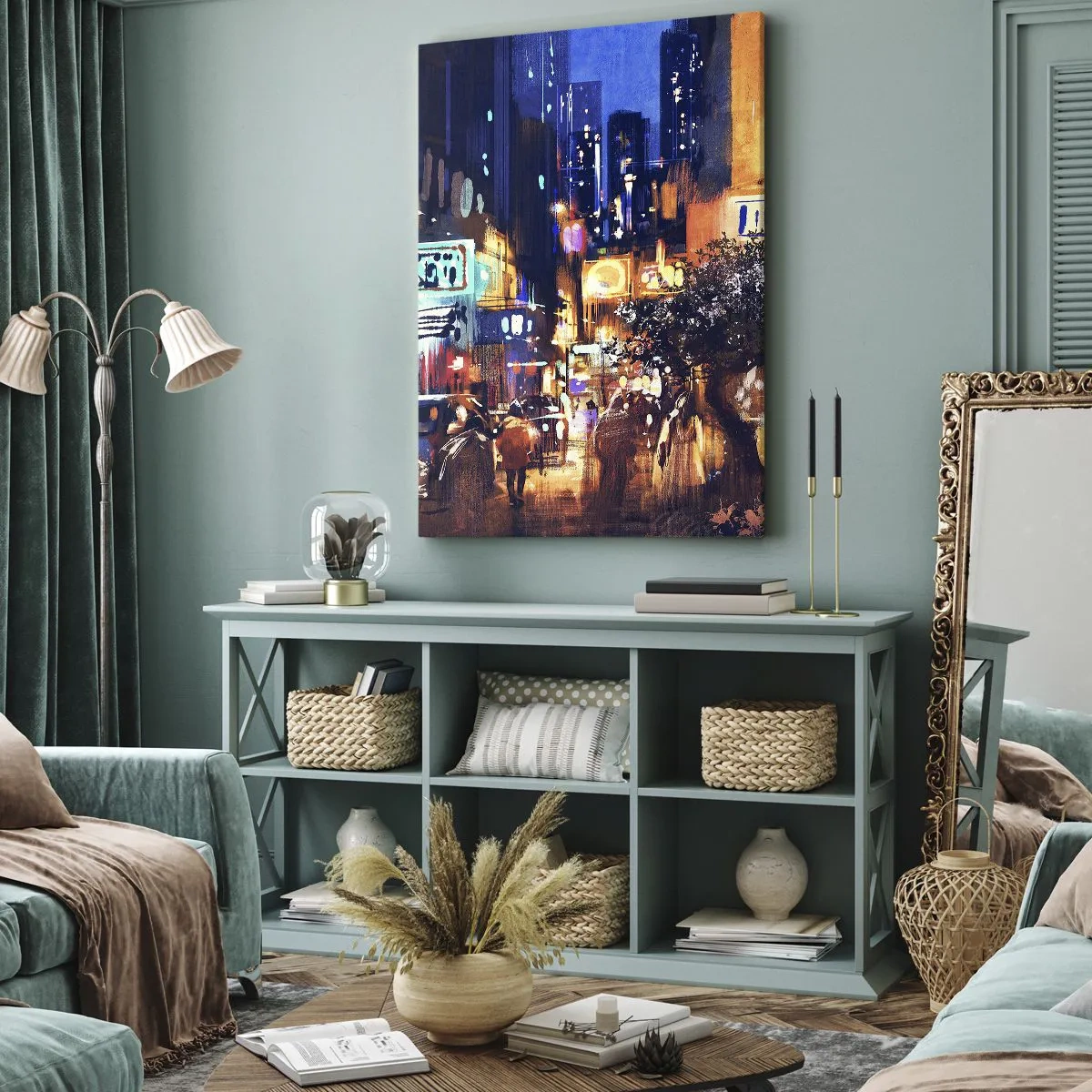 Bild auf Leinwand - Leinwandbild - Abendliche Stadtansicht im impressionistischen Stil - 50x70cm - Und die Stadt ist wach - Moderne Wanddekoration für Wohnzimmer und Schlafzimmer ARTTOR