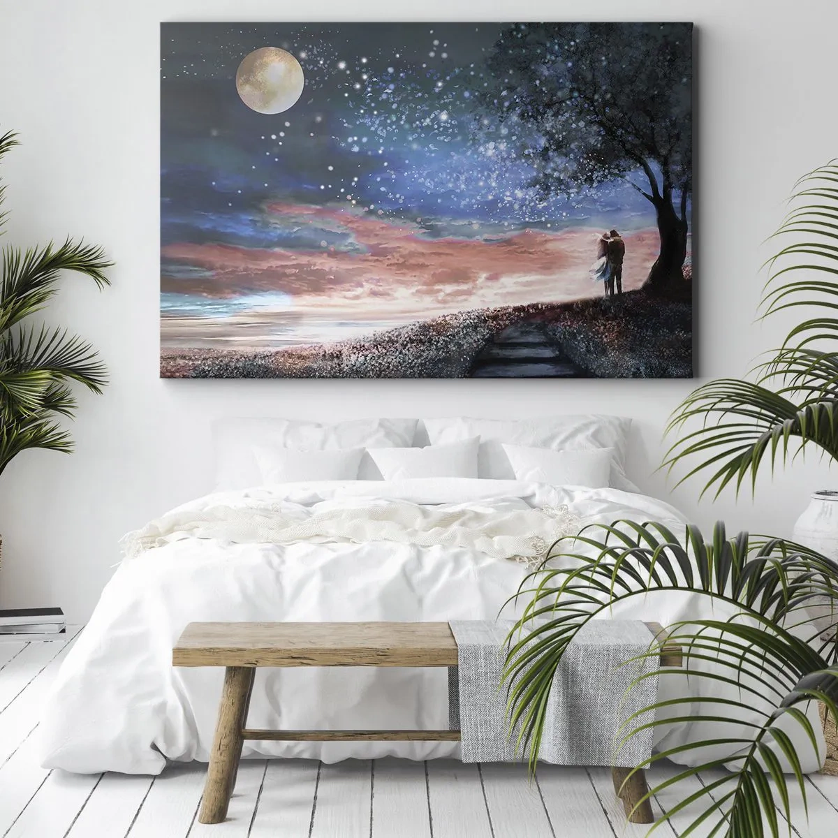 Bild auf Leinwand - Leinwandbild - Romantische Paarszene unter Vollmond - 70x50cm - Ein sternenklares Spektakel - Moderne Wanddekoration für Wohnzimmer und Schlafzimmer ARTTOR