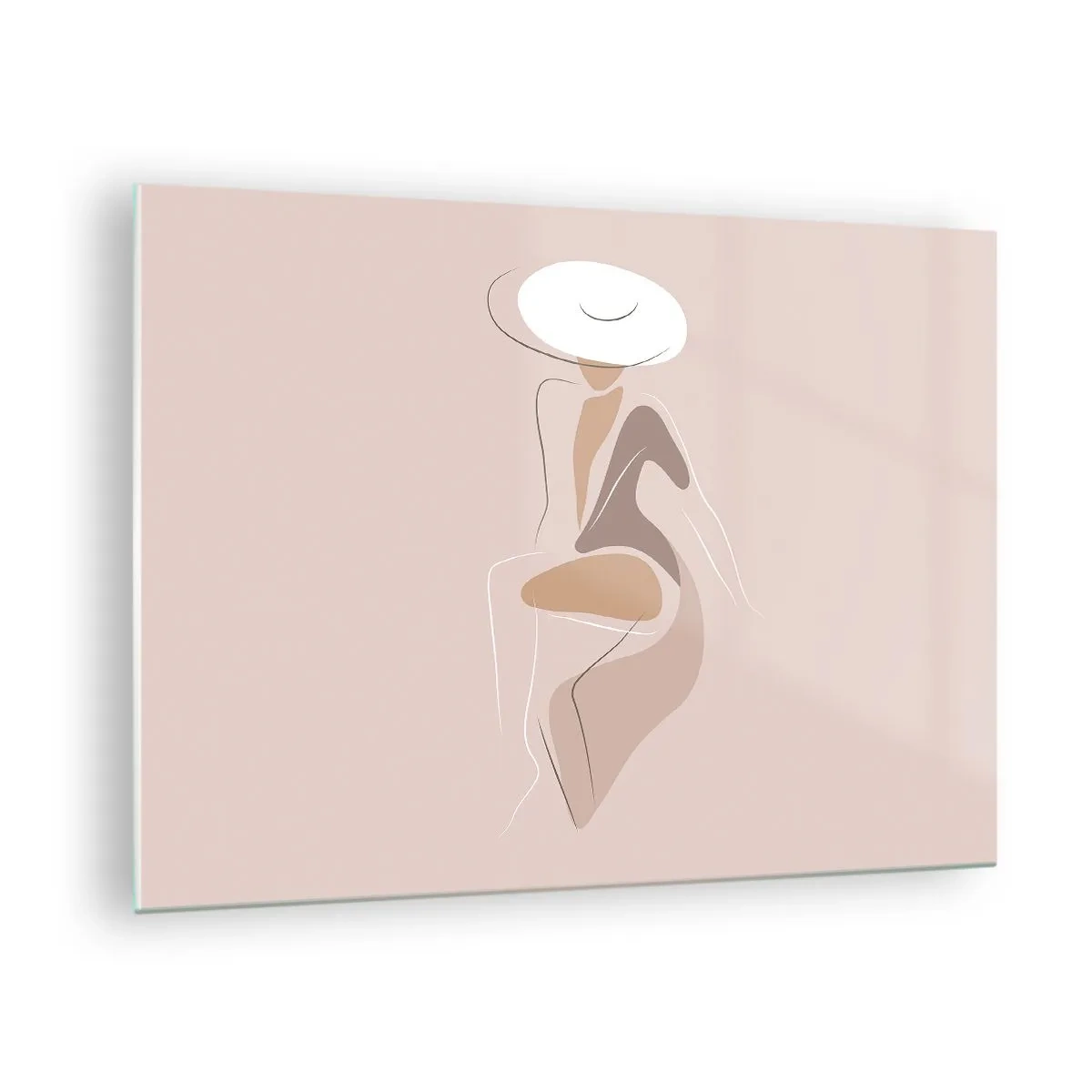 Glasbild - Bild auf glas - Silhouette einer Frau mit Hut auf beigem Hintergrund - 70x50cm - Eine Dame sein - Moderne Wanddekoration für Wohnzimmer und Schlafzimmer ARTTOR