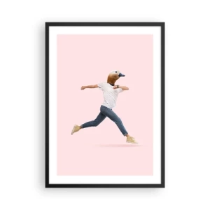 Poster in einem schwarzem Rahmen - Eine laufende Figur mit einem Vogelkopf auf rosa Hintergrund - 50x70cm - Eine Prise Absurdität - Moderne Wanddekoration für Wohnzimmer und Schlafzimmer ARTTOR